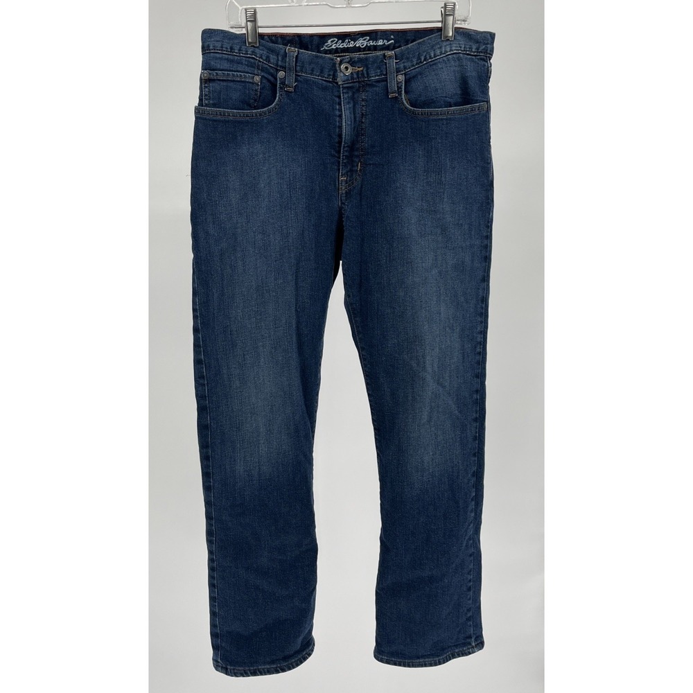 Eddie Bauer Mens Straight Fit Flannel Lined Jeans 33x30 Blue Buffalo Plaid Denim